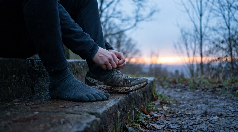 Laçage d'une chaussure de trail à l'aube, chaussettes à orteils