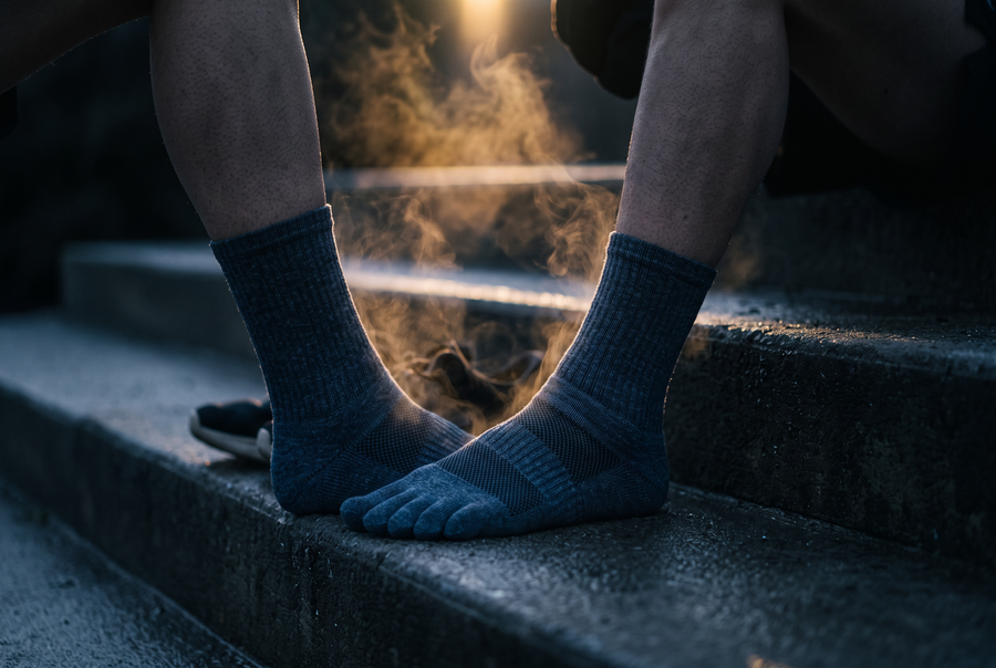 Vapeur s'échappant de la chaussette après l'effort — l'humidité sort au lieu de stagner
