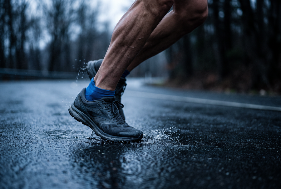 Coureur en foulée sur route mouillée, chaussettes oubliées