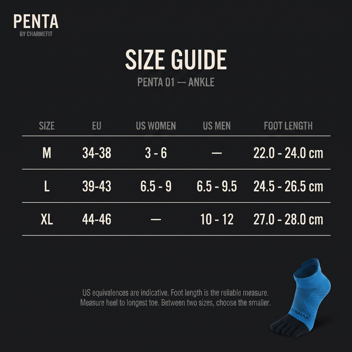 Guide des pointures — PENTA 01 — Ankle COOLMAX®