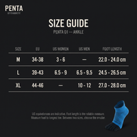 PENTA 01 - guide des pointures : M 34-38, L 39-43, XL 44-46, avec équivalences US femme et homme et longueur de pied