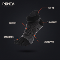 PENTA 02 - construction : orteils séparés, talon en Y, languette talon, maintien d'arche, maille d'aération