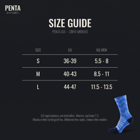 PENTA 03 - guide des pointures : S 36-39, M 40-43, L 44-47, avec équivalences US