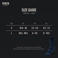 PENTA 04 - guide des pointures : S EU 35,5-38, L EU 38,5-40,5, avec équivalences UK et US